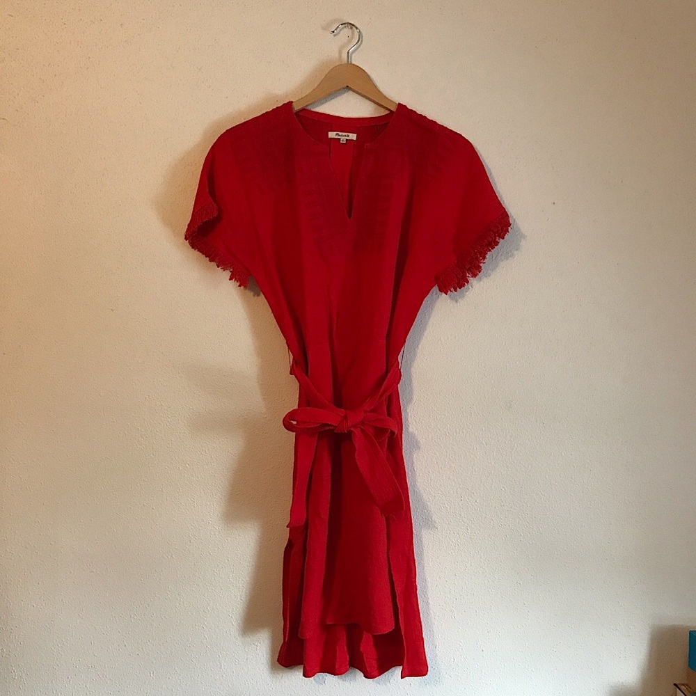 Madewell Coral Linen-Blend Embroidered Midi Dress size Medium